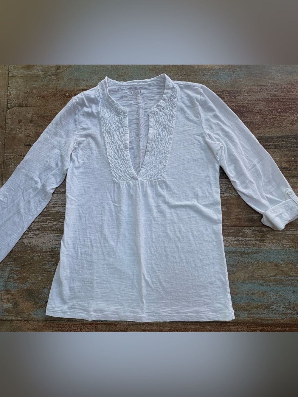 LOFT White Smocked V-Neck Cotton Tunic Top